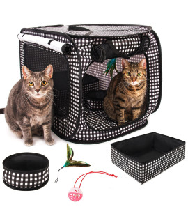 CHEERING PET, Cat Travel Cage, Portable Cat Condo, Collapsible Litter Box, Foldable Feeding Bowl, Hanging Feather Teaser and Ball, Carrying Bag, Extra Large 32 X 19 X 19 (Checkered)