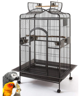 2-Size/2-Color, Extra Large Wrought Iron Open/Close Dome Play Top Bird Parrot Cage, Include Metal Seed Guard Solid Metal Feeder Nest Doors with Seed Skirt (28Wx22Lx59H, BlackVein)