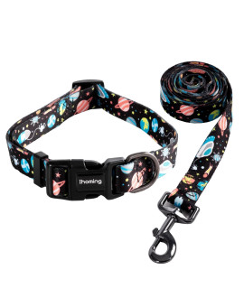 Ihoming Dog Collar and Leash Set for Daily Outdoor Walking Running Training, Space Design for Large Boys Girls Dogs Cats Pets, L-Up to 80LBS