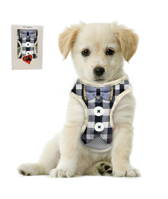 Bark Lover Small Puppy Harness with Bowtie, Adjustable Dog Vest Mesh Tuxedo Harness for Small Dog Kitten, Perfect for Party Wedding Holiday (S, Blue Plaid)