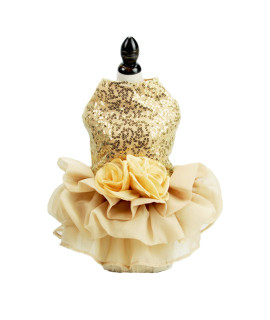 Bling Dog Dress Tutu Skirt Flower Dog Pet Cat Luxury Princess Wedding Dress Summer Dog Chihuahua Clothes (L, Gold)