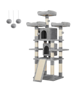 FEANDREA 67-Inch Multi-Level Cat Tree for Large Cats, with Cozy Perches, Stable, Light Gray UPCT18W