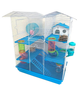 Large Twin Tower 5-Levels Crossing Level Tube Habitat Syrian Hamster Home Rodent Gerbil Mouse Mice Rat Wire Animal Cage (21L x 14W x 23H inches, Blue)