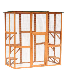 PawHut Outdoor Cat House Big Catio Wooden Feral Cat Shelter Enclosure with Large Spacious Interior, 6 High Ledges, Weather Protection Asphalt Roof, 71 L, Orange