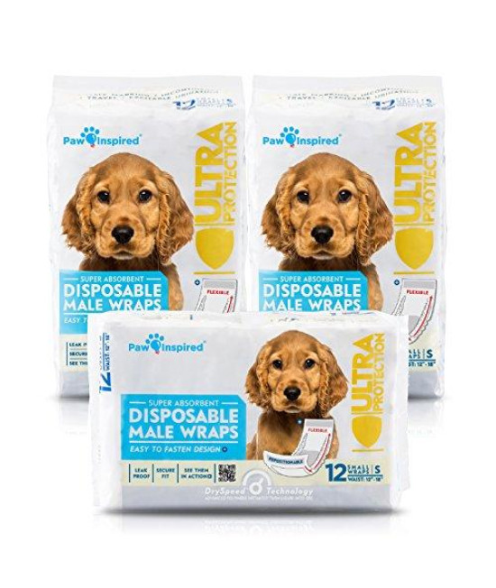 Paw Inspired Disposable Dog Wraps Male Dog Diapers Ultra Protection Belly Band for Male Dogs Excitable Urination, Incontinence, or Male Marking (36 Count, Small)