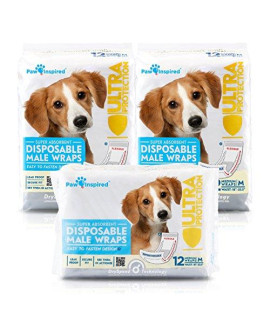 Paw Inspired Disposable Dog Wraps Male Dog Diapers Ultra Protection Belly Band for Male Dogs Excitable Urination, Incontinence, or Male Marking (36 Count, Medium)
