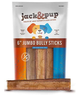 Jack&Pup 6 Bully Sticks for Dogs Jumbo Odor Free Bully Sticks for Large Dogs All Natural Beef Pizzle Sticks (Jumbo, 6 Pack)