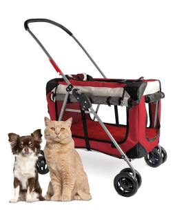 PetLuv - Happy Cat Premium 3-in-1 Soft Sided Detachable Pet Carrier, Travel Crate, and Pet Stroller with Locking Zippers, Comfy Plush Nap Pillow, Airy Windows, Sunroof - Red