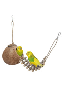 Niteangel Natural Coconut Hideaway with Ladder, Bird and Small Animal Toy (House with Ladder, Natural Surface)