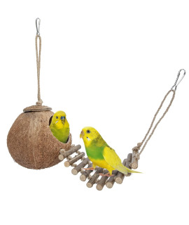 Niteangel Natural Coconut Hideaway with Ladder, Bird and Small Animal Toy (House with Ladder, Natural Surface)
