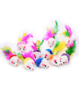 Famgee 20 PCS Furry Cat Toys Squeak Mouse Rattle Mice Cat Catcher Pet Toys with Feather Tails (Random Color)