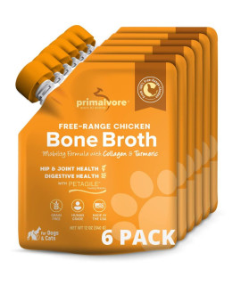 Primalvore Free-Range Bone Broth for Dogs &Cats, Mobility Formula w/Collagen Peptides to Help Support Hip & Joints, Digestion, Skin & Coat and Hydration, Human Grade, Made in USA. Chicken 6 Pack
