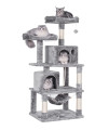 BEWISHOME Cat Tree with Sisal Scratching Posts, 2 Condos, Plush Perches, Jingly Balls and Hammock, Cat Condo Tower Furniture Kitty Kitten Activity Center Pet Play House Light Grey MMJ01G