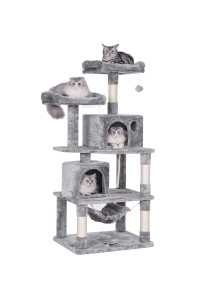 BEWISHOME Cat Tree with Sisal Scratching Posts, 2 Condos, Plush Perches, Jingly Balls and Hammock, Cat Condo Tower Furniture Kitty Kitten Activity Center Pet Play House Light Grey MMJ01G