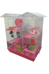 Large Multi-Level Twin Tower with Crossing Level Tube Syrian Hamster Habitat Rodent Gerbil Mouse Mice Rat Wire Animal Critters Cage (21 x 14 x 23 H inches, Pink)