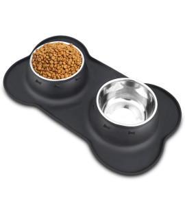 AsFrost Dog Food Bowls Stainless Steel Pet Bowls & Dog Water Bowls No Spill Non Skid, Feeding Bowls with Dog Bowls Silicone Mat for Small Medium Large Size Dogs, Cat Pet Dog Dishes Set, Black, 3 Cup