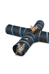 Pawaboo Cat Toys, Cat Tunnel Tube 4 Way Tunnels 25x53cm Extensible Collapsible Cat Play Tent Interactive Toy Maze Cat House with Balls and Bells for Cat Kitten Kitty Rabbit Small Animal, Blue