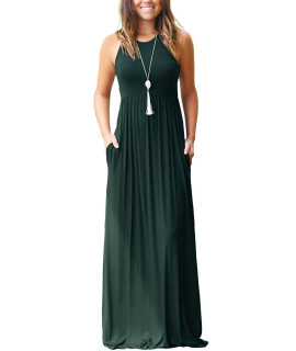EUOVMY Womens casual Sleeveless Dress Swing T-Shirt Loose Summer Maxi Dresses with Pocket Dark green Large