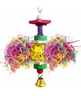 SunGrow Parakeet Toy, Brightly Colored Hanging Toy Made of Rattan, Wood and Shredded Paper, for Small and Medium Parrots, Cockatiels, Lovebirds and Finches (1 Piece)