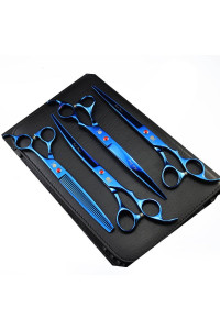 Purple Dragon 8.0 inch Professional Pet Grooming Scissors,Dog Straight Shear, Thinning/Blending Scissor & 2 PCS Curved Shear with Bag (Blue)