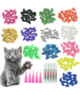 100pcs Cat Nail Caps/Tips YMCCOOL Pet Cat Kitty Soft Claws Covers Control Paws of 10 Multi-Colors Nails Caps and 5Pcs Adhesive Glue 5 Applicator with Instruction