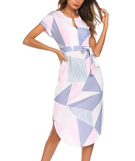 TEMOFON Womens Dresses Summer Floral geometric Pattern Short Sleeve Midi V-Neck casual Dress with Belt Pink L