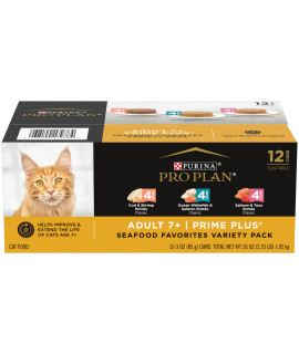 Purina Pro Plan Grain Free Senior Wet Cat Food Variety Pack Pate, SENIOR Seafood Favorites - (12) 3 oz. Cans