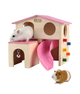 kathson Pet Small Animal Hideout Hamster House with Funny Climbing Ladder Slide Wooden Hut Play Toys Chews for Small Animals Like Dwarf Hamster and Mouse(Pink)