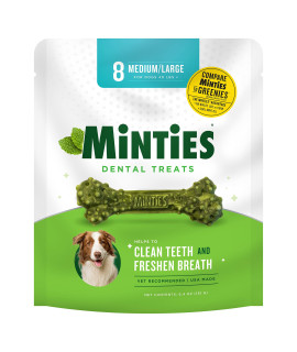 Minties Dental Chews for Dogs, Vet-Recommended Mint-Flavored Dental Treats for Medium/Large Dogs over 40 lbs, Dental Bones Clean Teeth, Fight Bad Breath, and Removes Plaque and Tartar, 8 Count