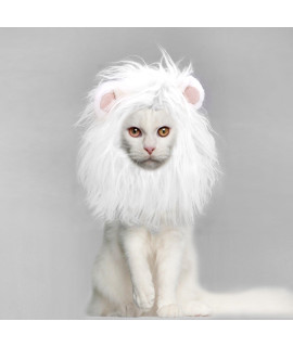 Onmygogo Lion Mane Wig for Cats, Funny Pet Cat Costumes for Halloween Christmas, Furry Pet Clothing Accessories (Size S, White)