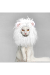 Onmygogo Lion Mane Wig for Cats, Funny Pet Cat Costumes for Halloween Christmas, Furry Pet Clothing Accessories (Size M, White)