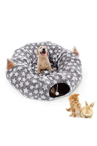 LUCKITTY Large Cat Tunnel Bed with Plush Cover,Fluffy Toy Balls, Small Cushion and Flexible Design- 10 inch Diameter, 3 ft Length- Great for Cats, and Small Dogs, Gray Star Pattern