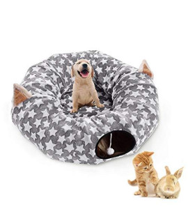 LUCKITTY Large Cat Tunnel Bed with Plush Cover,Fluffy Toy Balls, Small Cushion and Flexible Design- 10 inch Diameter, 3 ft Length- Great for Cats, and Small Dogs, Gray Star Pattern