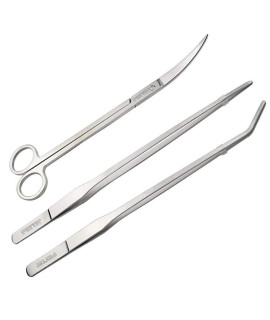 Aquarium Tweezer Set - FEITA Long Stainless Steel Curved & Straight Aquarium Feeding Tweezers Scissors Maintenance Tools Kit (3 Pcs)