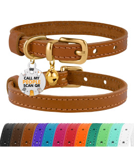 BRONZEDOG Leather Cat Collar with Bell Non Breakaway Kitten QR Tag for Girl Boy (9 - 11 Cats/Mini Dogs, Light Brown & Gold)