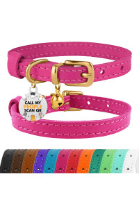 BRONZEDOG Leather Cat Collar with Bell Non Breakaway Kitten QR Tag for Girl Boy (7 - 9 for Cats, Pink & Gold)