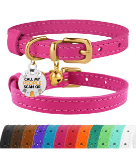 BRONZEDOG Leather Cat Collar with Bell Non Breakaway Kitten QR Tag for Girl Boy (7 - 9 for Cats, Pink & Gold)