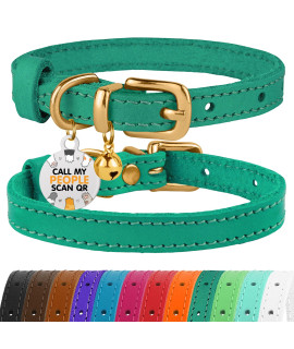 BRONZEDOG Leather Cat Collar with Bell Non Breakaway Kitten QR Tag for Girl Boy (7 - 9 for Cats, Green & Gold)