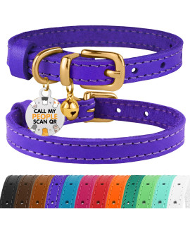 BRONZEDOG Leather Cat Collar with Bell Non Breakaway Kitten QR Tag for Girl Boy (7 - 9 for Cats, Purple & Gold)