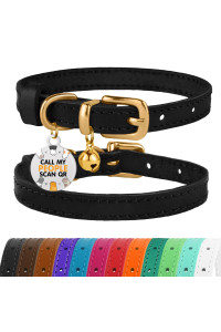 BRONZEDOG Leather Cat Collar with Bell Non Breakaway Kitten QR Tag for Girl Boy (7 - 9 for Cats, Black & Gold)