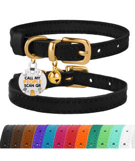 BRONZEDOG Leather Cat Collar with Bell Non Breakaway Kitten QR Tag for Girl Boy (7 - 9 for Cats, Black & Gold)