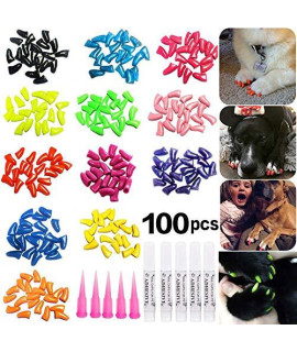 JOYJULY 100pcs Dog Nail caps Soft claws covers Nail caps for Pet Dog Pup Puppy Paws Home Kit, 5 Random, with glue, Tips and Instruction, L