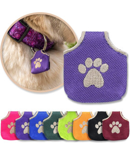 Woofhoof Dog Tag Silencer, Purple Pawprint - Quiet Noisy Pet Tags - Fits Up to Four Pet IDs - Dog Tag Cover Protects Metal Pet IDs, Made of Durable Nylon, Universal Fit, Machine Washable