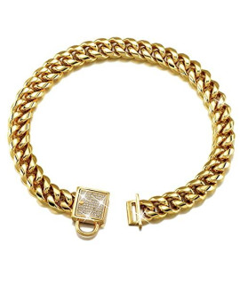 Designer Dog collar gold Metal Stainless Steel with Zirconia Lock 14mm 18K gold Big Dog Luxury Training collar cuban Lock Link Necklace chain(20 inch)