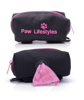 Paw Lifestyles Dog Poop Bag Holder Leash Attachment - Fits Any Dog Leash - Includes Free Roll Of Dog Bags - Poop Bag Dispenser (Black and Magenta)