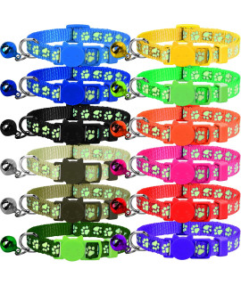 GAMUDA Cat Collars Breakaway Reflective, Super Soft Nylon Kitten Collars, Colorful Buckle, Adjustable Safety, Protect You Cat with Relective Footprint Design and Bell - Set of 12 (7-10)