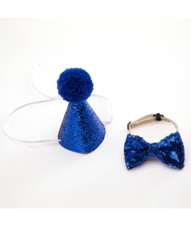 Cute Small Dog Cat Birthday Party Cone Hat Crown and Bow Tie Collar Set with and Pom-pom Topper for Pets Cat Kitten Cosplay Costume Accessory Charms Grooming Headwear Hair Accessories Royal Blue