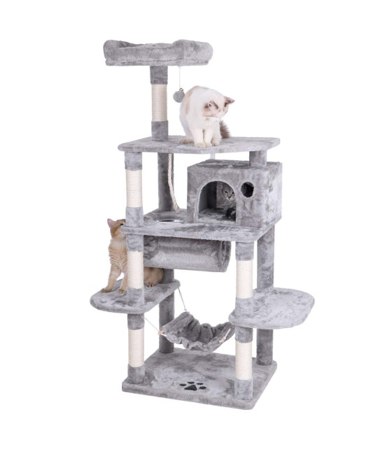 BEWISHOME Cat Tree with Sisal Scratching Posts Perch House Hammock Tunnel, Cat Tower Cat Condo Furniture Kitten Activity Center Pet Play House Kitty Playground, Light Grey MMJ02G