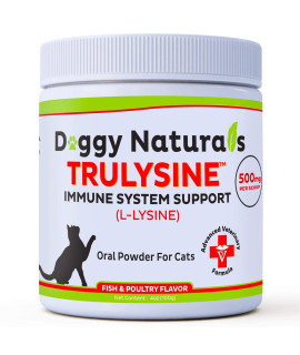 Trulysine L-Lysine for Cats Immune Support Oral Powder 4oz/100g - Cats & Kittens of All Age, Sneezing, Runny Nose Squinting, Watery Eyes - Fish & Poultry Flavor (U.S.A)(100 Grams ( 500mg / Scoop))