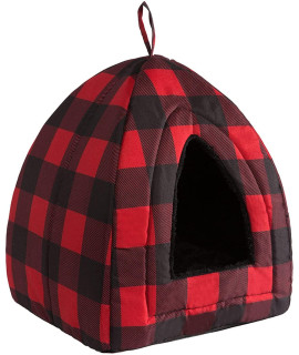 Hollypet Self-Warming 2 in 1 Foldable Comfortable Triangle Cat Bed Tent House, Red Checked